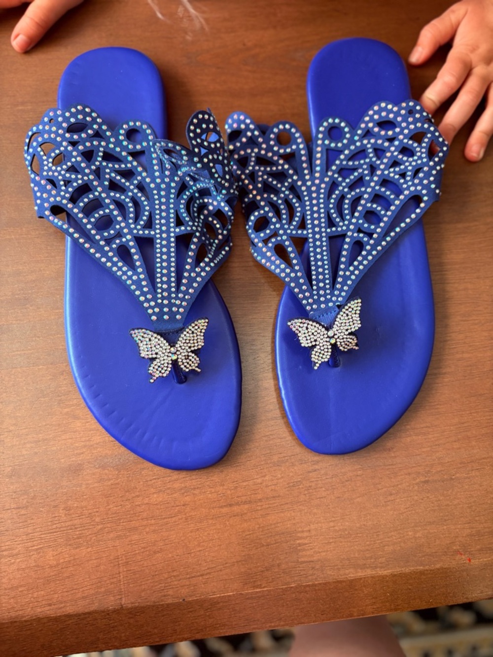 Womens Size 42 / US 10 Blue Rhinestone Butterfly Sandals Slip On Flats